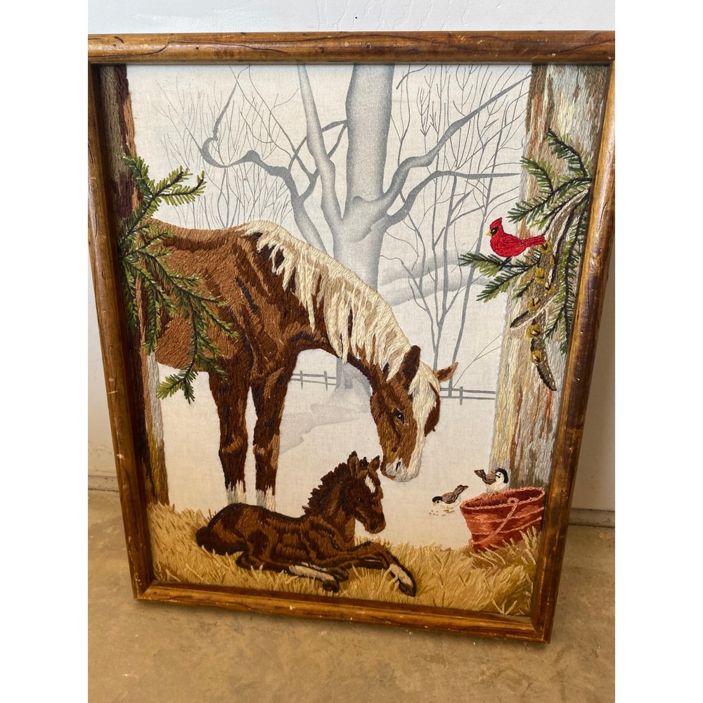 Vintage Crewel Embroidery Framed Art Horse and Foal Winter Scene Cardinal Bird